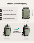 38L expandable travel backpack shown at its standard size and fully expanded capacity, revealing significant extra space