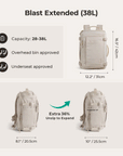 38L expandable travel backpack shown at its standard size and fully expanded capacity, revealing significant extra space