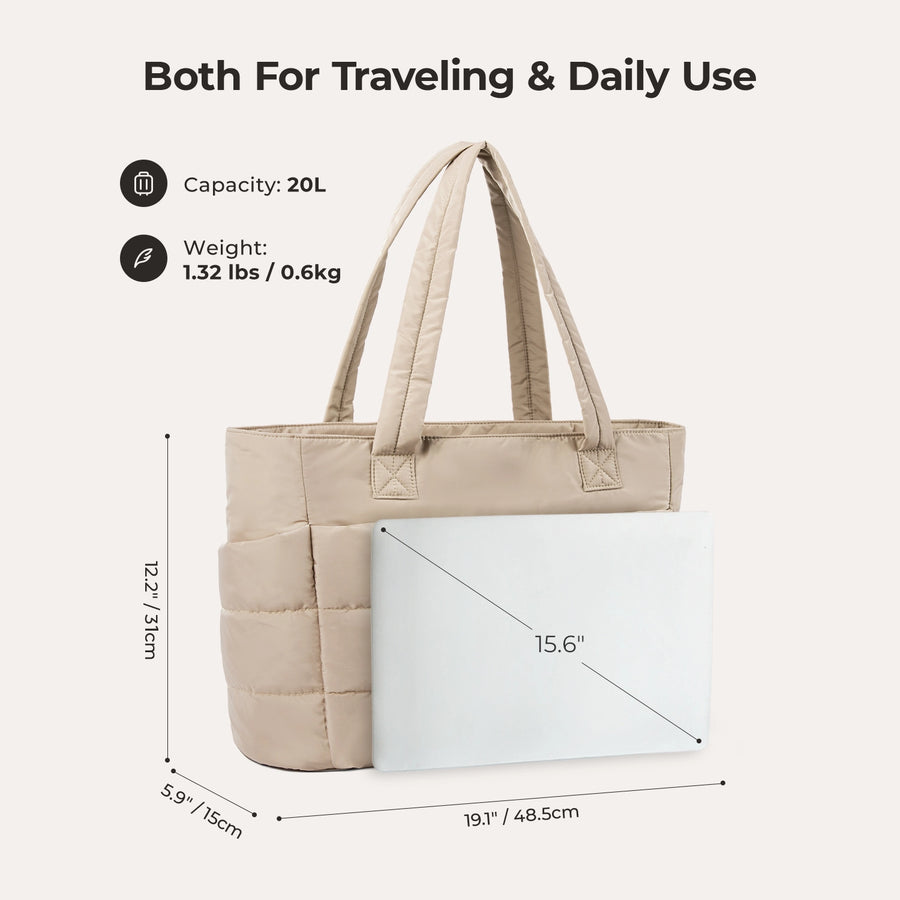 Beige tote bag with dimensions and capacity details- BAGSMART