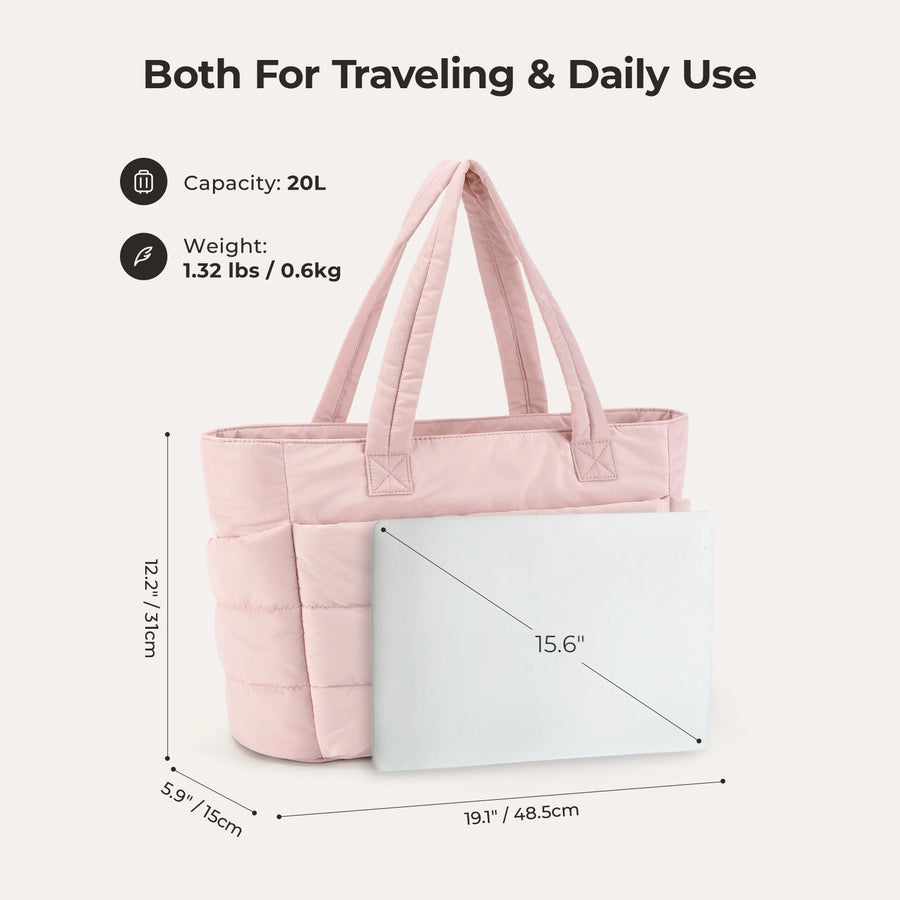 Pink tote bag with dimensions and capacity details- BAGSMART