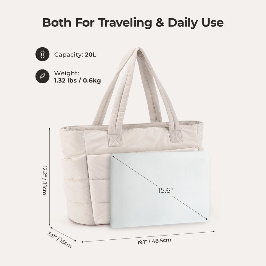 Beige tote bag with dimensions and capacity details on a white - BAGSMART