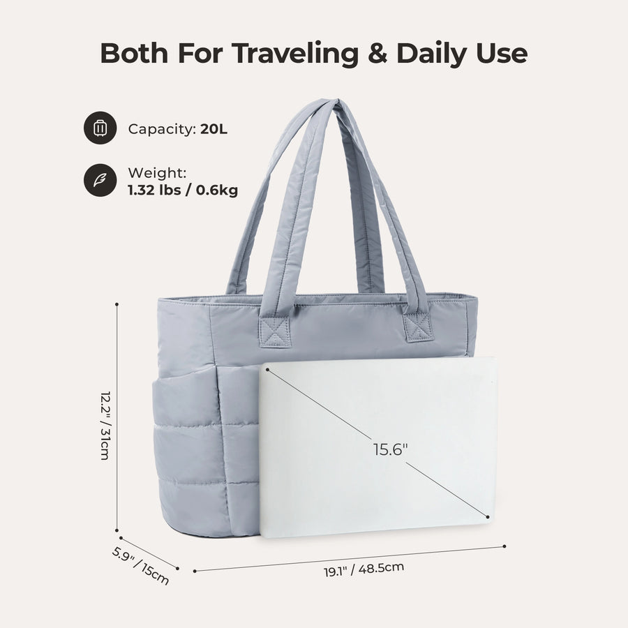 Gray tote bag with dimensions and weight information- BAGSMART