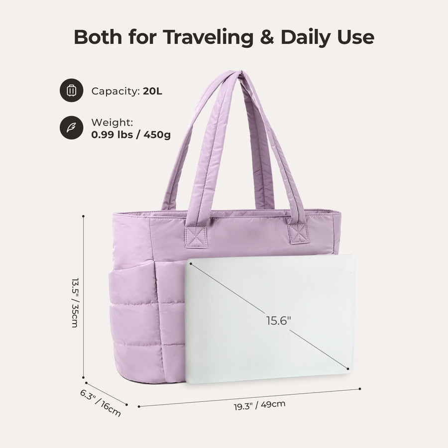 Purple tote bag with dimensions and weight information- BAGSMART