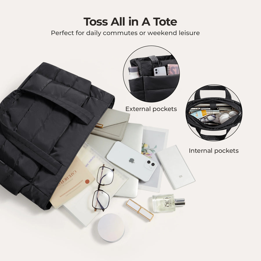 bubble 20l tote bag with all its internal and external pockets opened and filled, showing dedicated spaces for a laptop, water bottle, charger, and travel accessories.