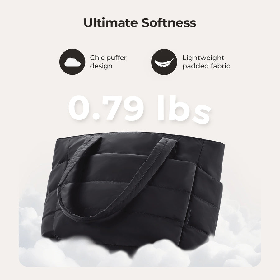 the tote bag echoes the soft, airy form of clouds. It’s not just light to carry; it looks light.