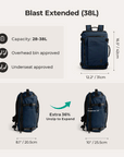 38L expandable travel backpack shown at its standard size and fully expanded capacity, revealing significant extra space